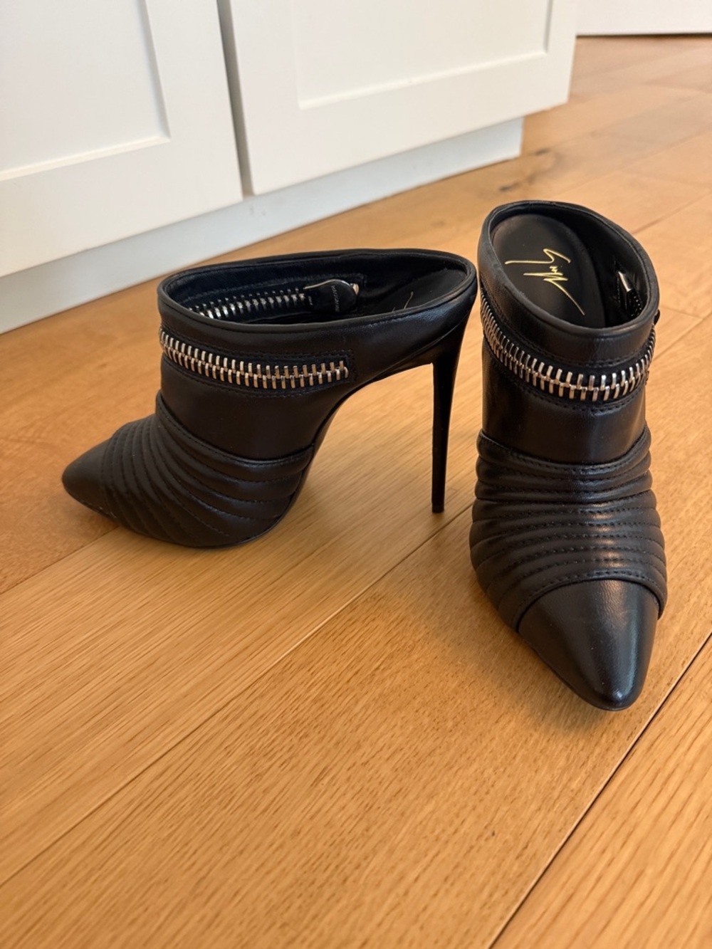 Giuseppe Zanotti Black Quilted Pointed Stiletto Mules with Zipper Trim